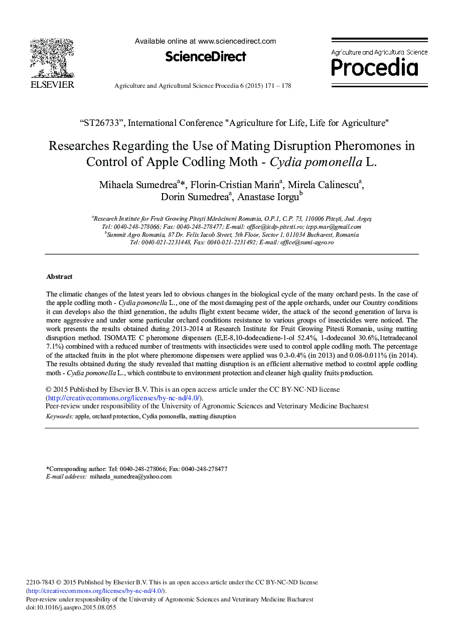 Researches Regarding the Use of Mating Disruption Pheromones in Control of Apple Codling Moth - Cydia pomonella L 
