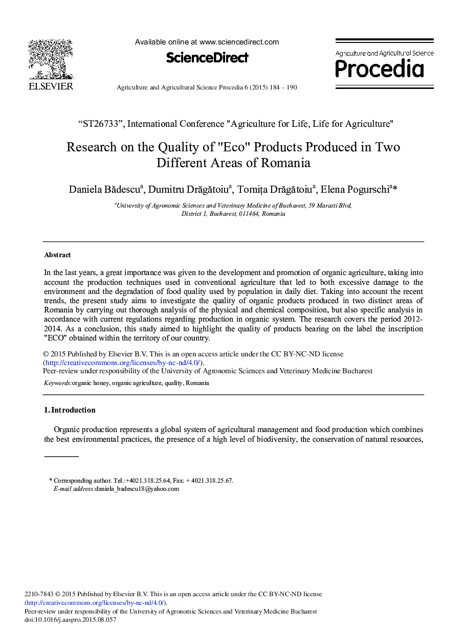 Research on the Quality of “Eco” Products Produced in Two Different Areas of Romania 