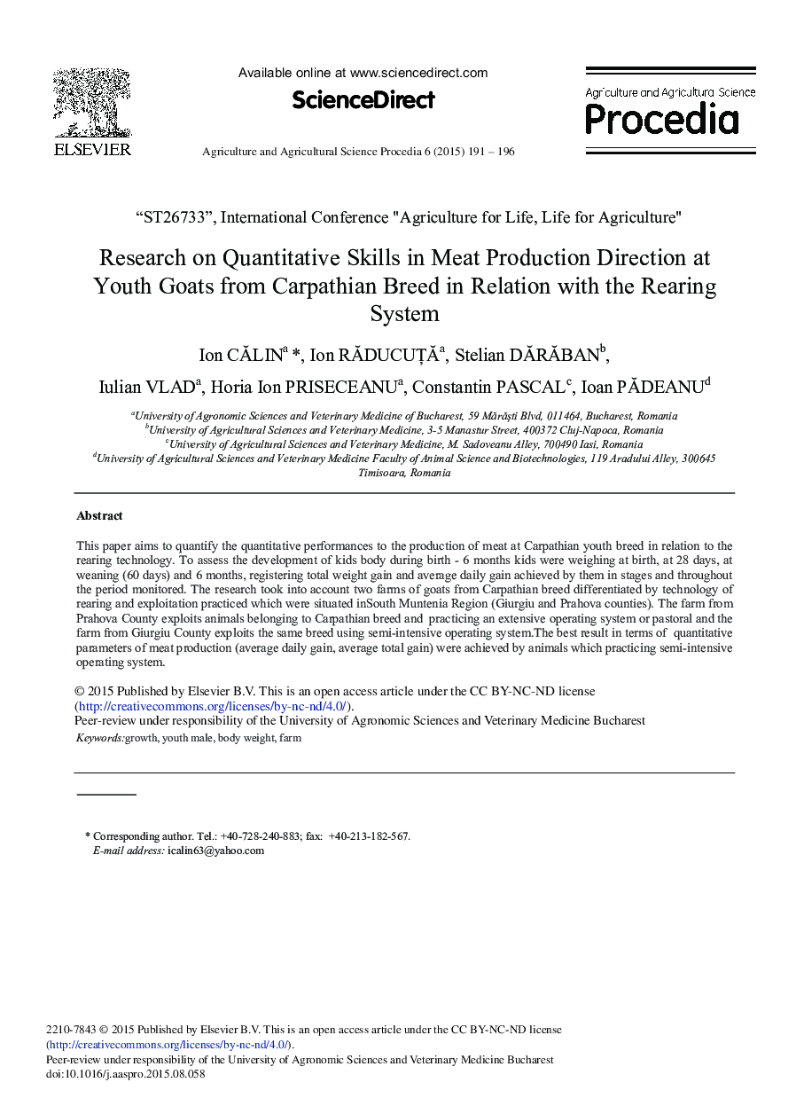 Research on Quantitative Skills in Meat Production Direction at Youth Goats from Carpathian Breed in Relation with the Rearing System 