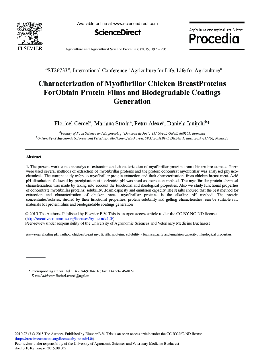 Characterization of Myofibrillar Chicken Breast Proteins for Obtain Protein Films and Biodegradable Coatings Generation 