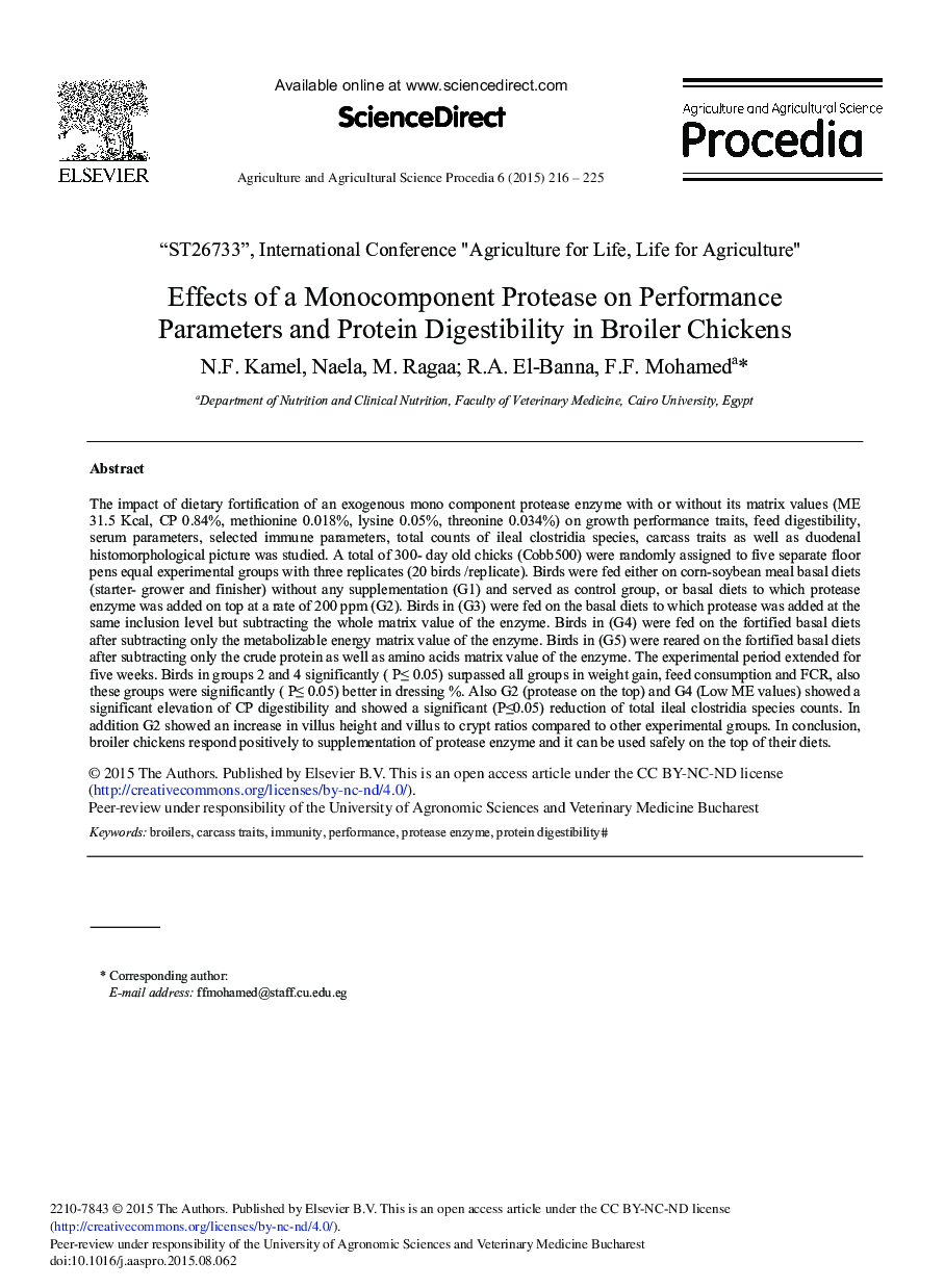 Effects of a Monocomponent Protease on Performance Parameters and Protein Digestibility in Broiler Chickens 