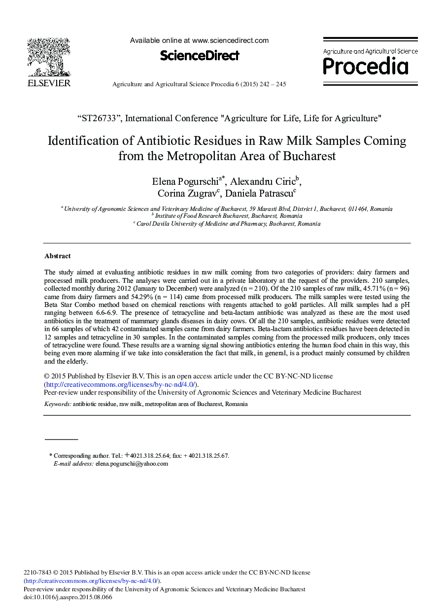 Identification of Antibiotic Residues in Raw Milk Samples Coming from the Metropolitan Area of Bucharest 