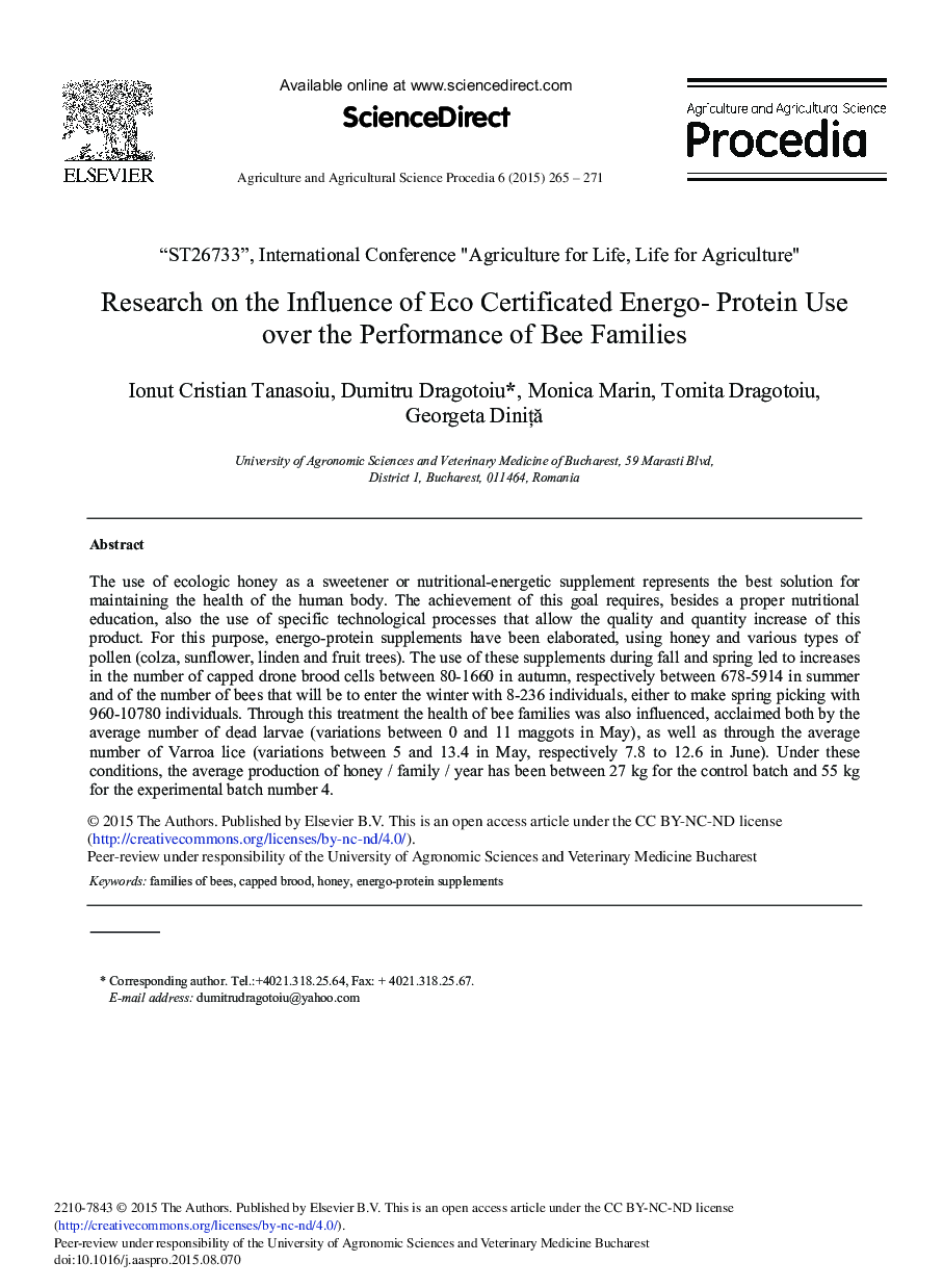 Research on the Influence of Eco Certificated Energo-protein Use over the Performance of Bee Families 
