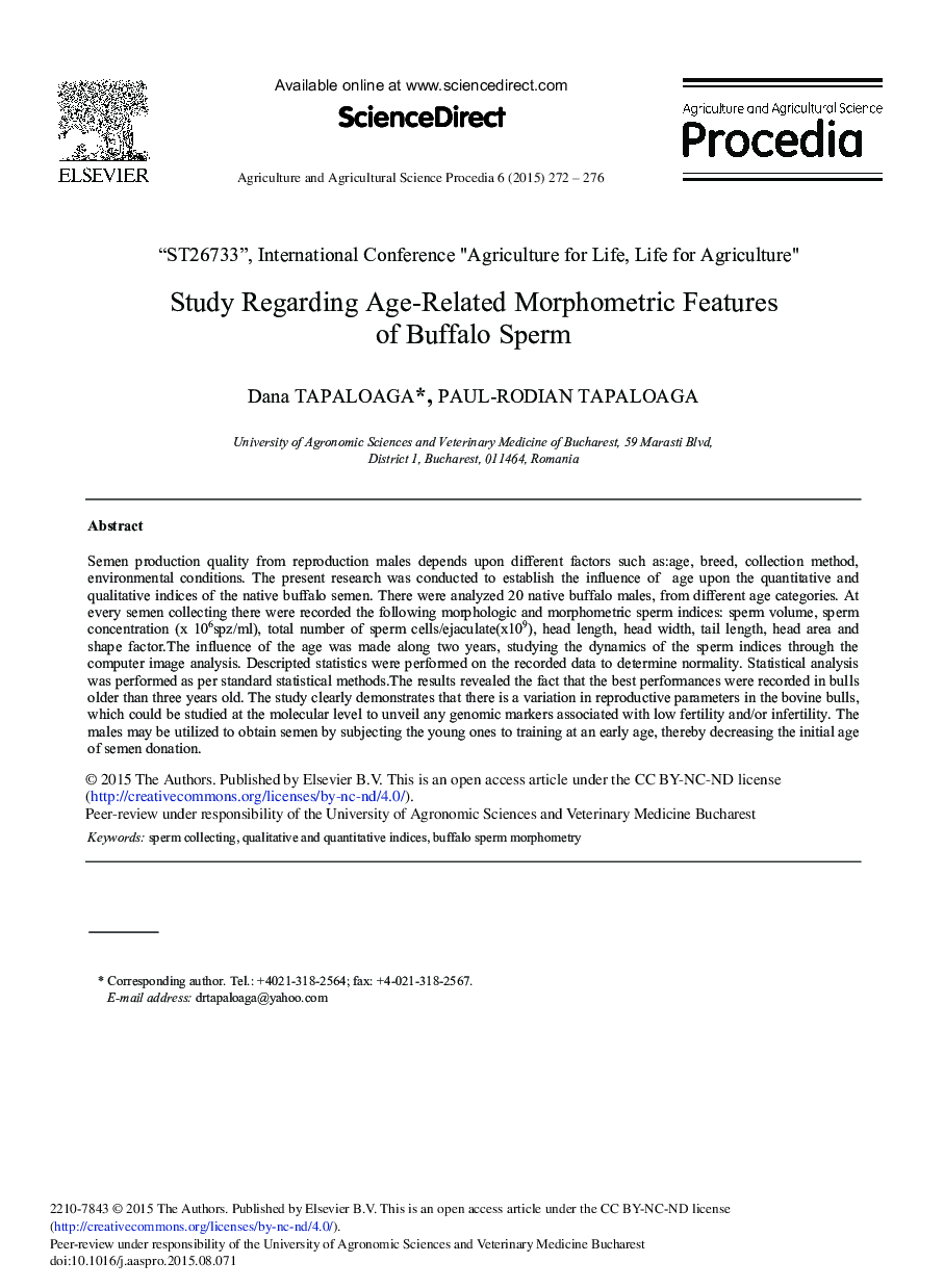 Study Regarding Age-Related Morphometric Features of Buffalo Sperm 