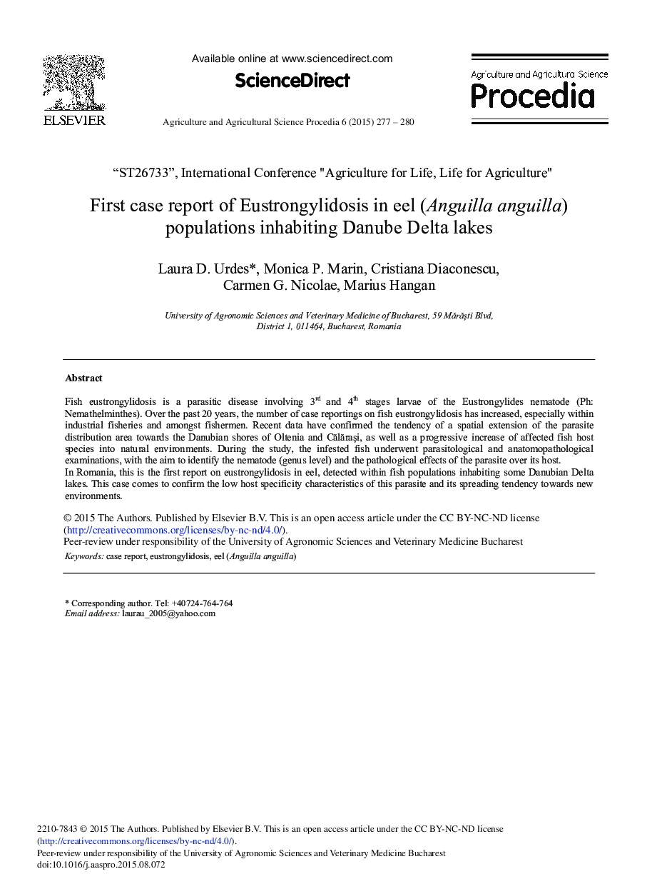 First case report of Eustrongylidosis in eel (Anguilla anguilla) populations inhabiting Danube Delta lakes 