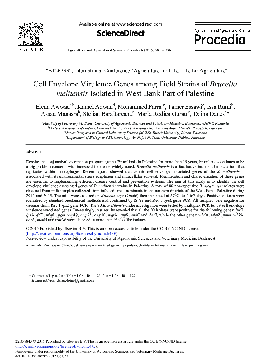 Cell Envelope Virulence Genes among Field Strains of Brucella melitensis Isolated in West Bank Part of Palestine 