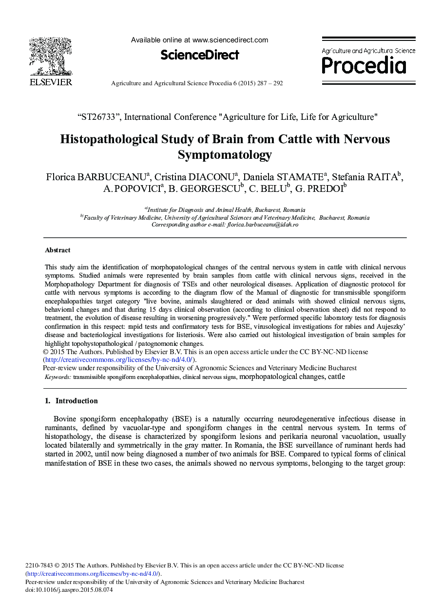 Histopathological Study of Brain from Cattle with Nervous Symptomatology 