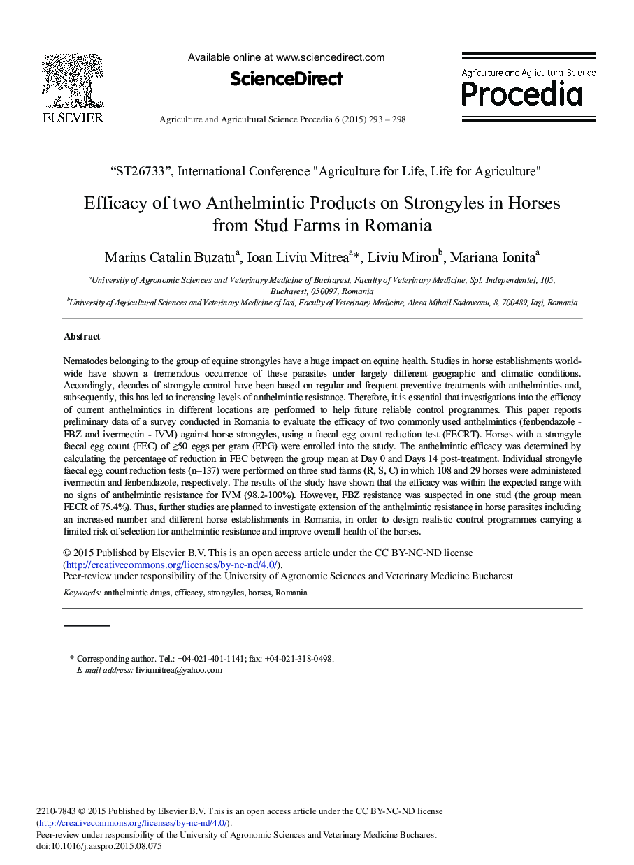 Efficacy of two Anthelmintic Products on Strongyles in Horses from Stud Farms in Romania 