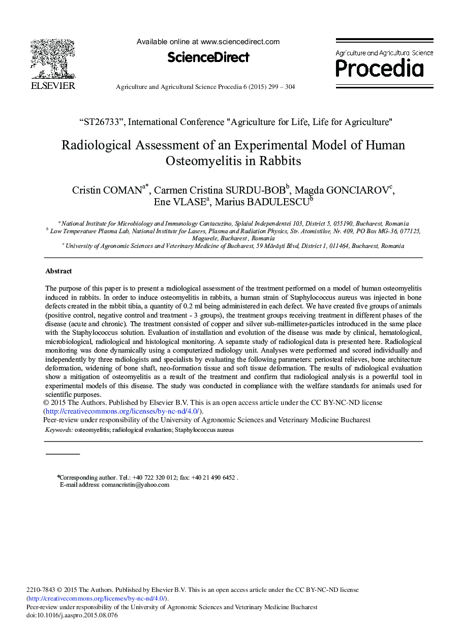 Radiological Assessment of an Experimental Model of Human Osteomyelitis in Rabbits 