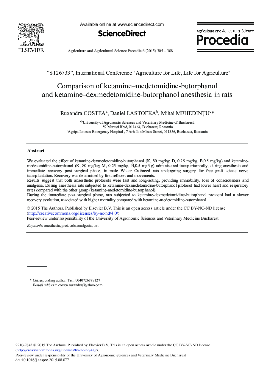 Comparison of Ketamine–Medetomidine-butorphanol and Ketamine–dexmedetomidine-butorphanol Anesthesia in Rats 