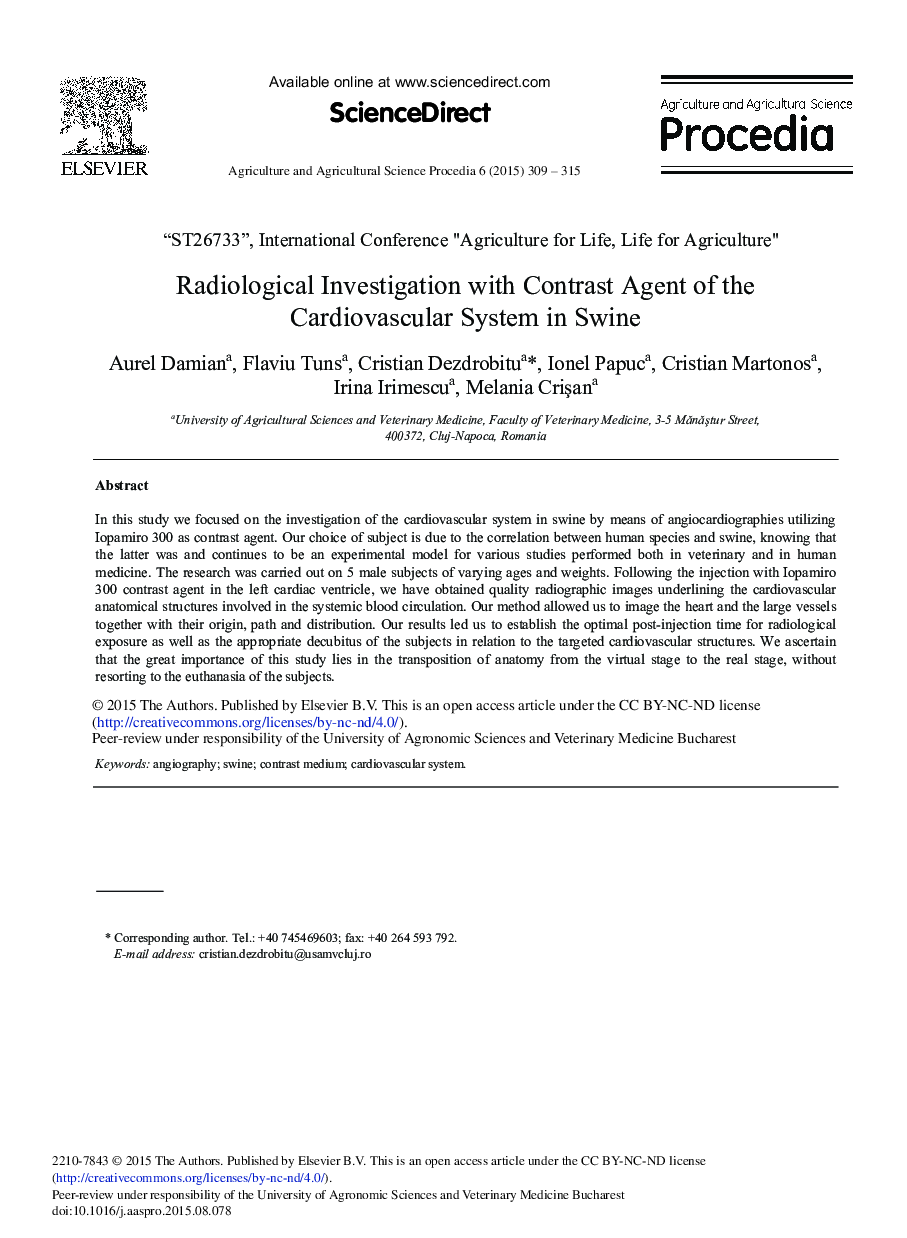 Radiological Investigation with Contrast Agent of the Cardiovascular System in Swine 