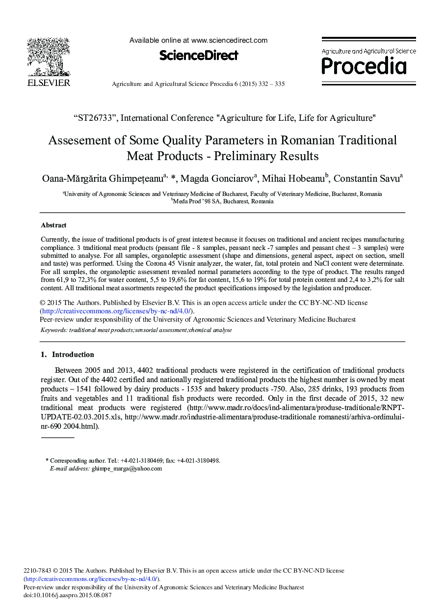 Assesement of Some Quality Parameters in Romanian Traditional Meat Products- Preliminary Results 
