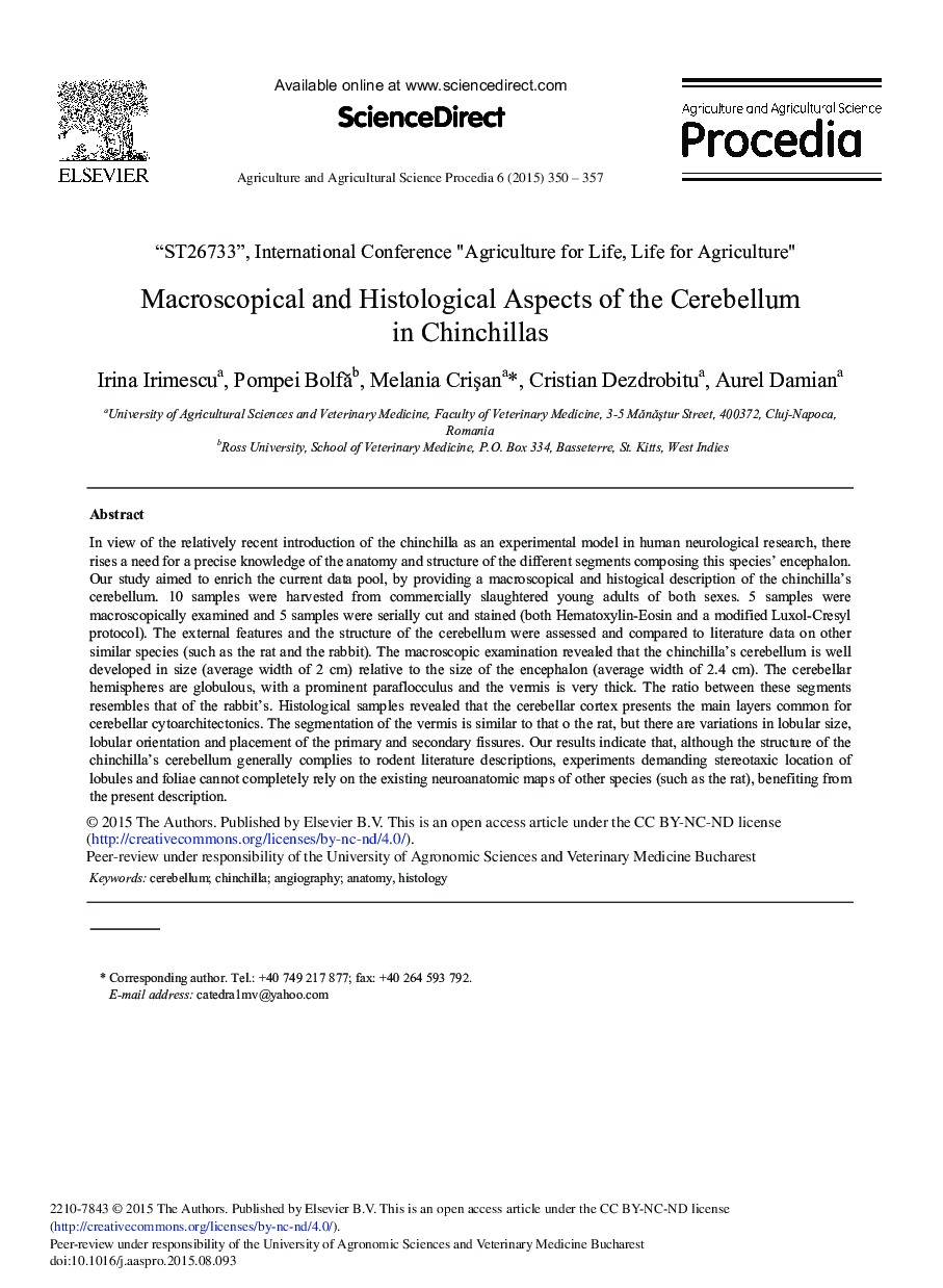 Macroscopical and Histological Aspects of the Cerebellum in Chinchillas 