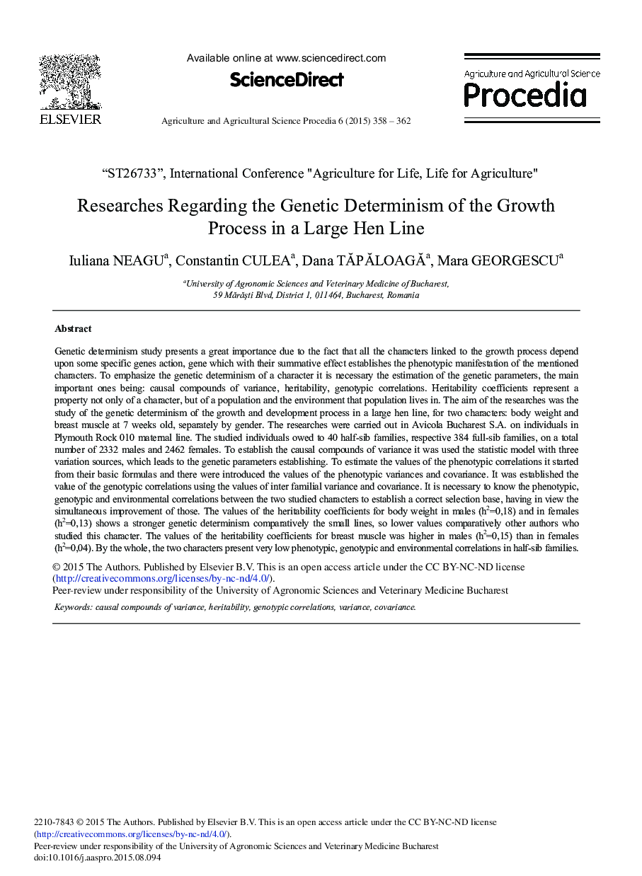 Researches Regarding the Genetic Determinism of the Growth Process in a Large Hen Line 