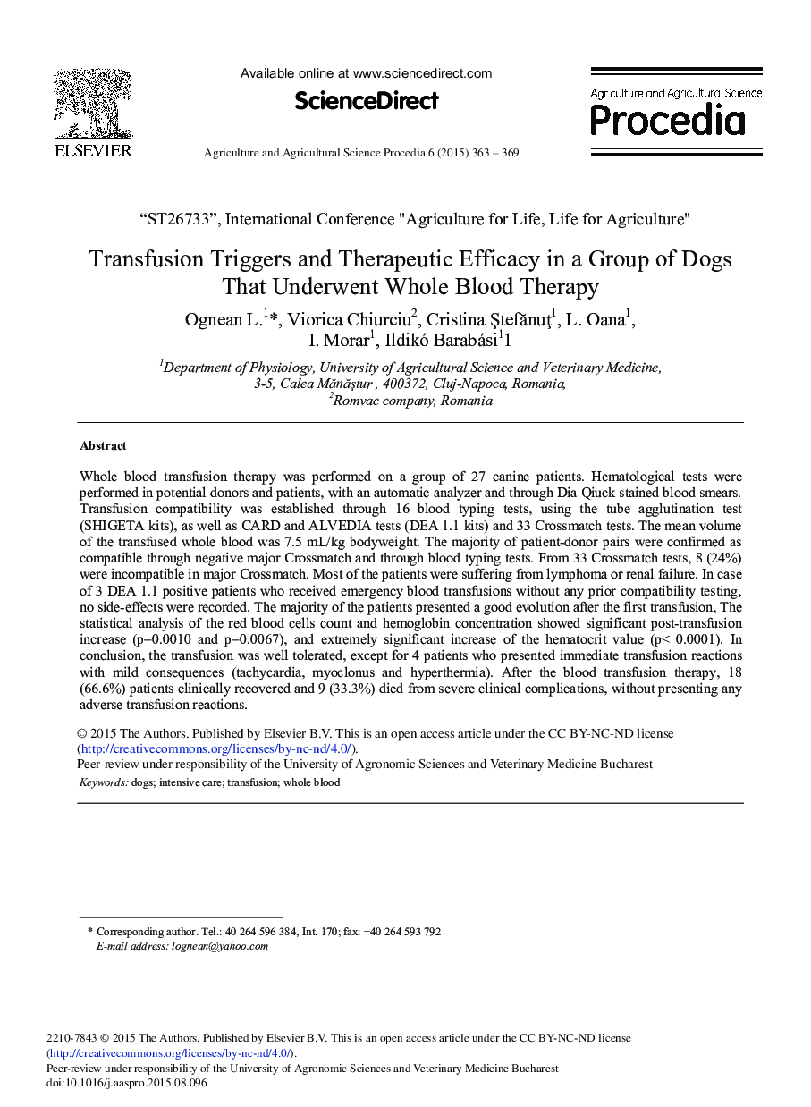 Transfusion Triggers and Therapeutic Efficacy in a Group of Dogs That Underwent Whole Blood Therapy 