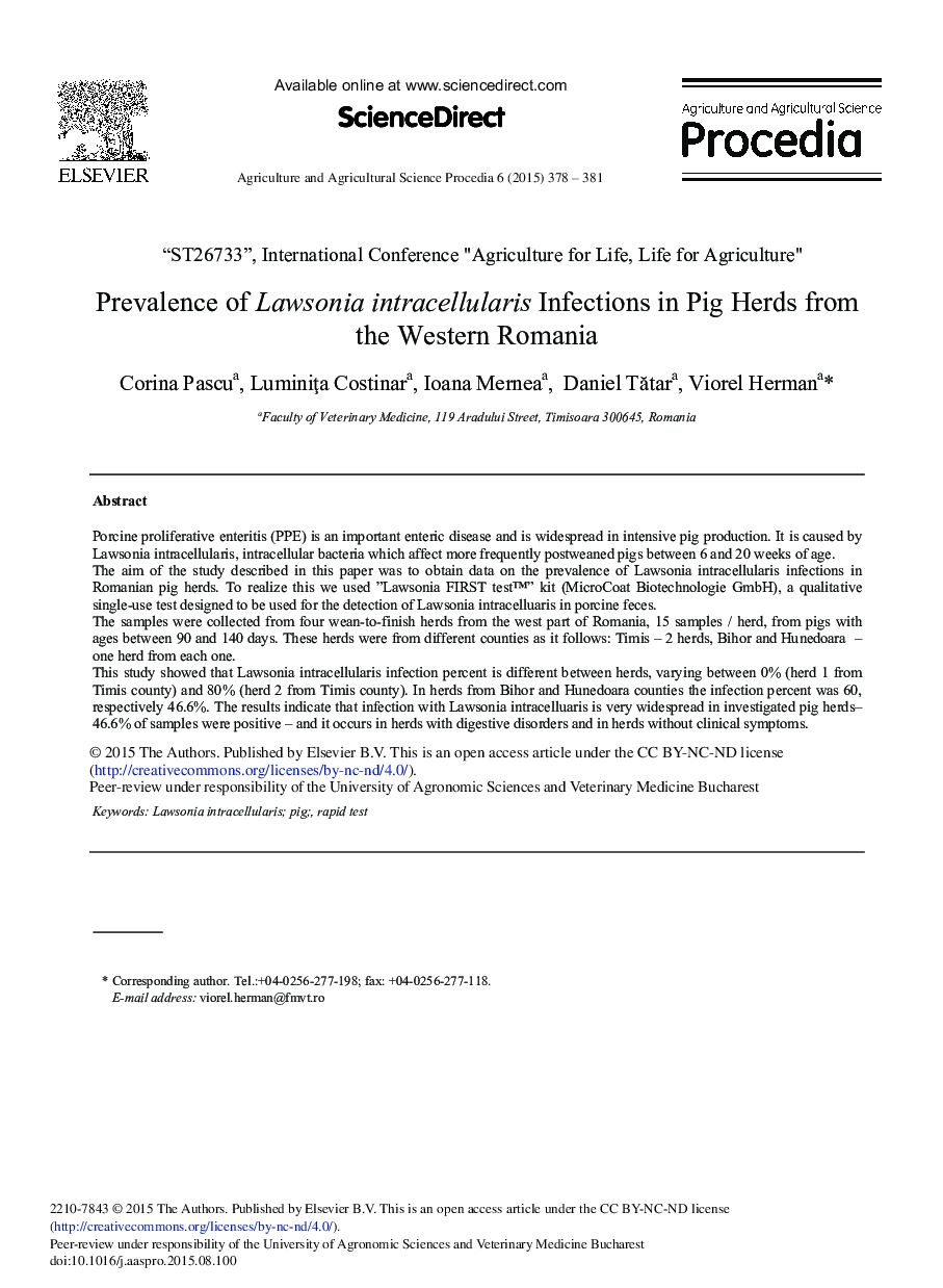 Prevalence of Lawsonia intracellularis Infections in Pig Herds from the Western Romania 