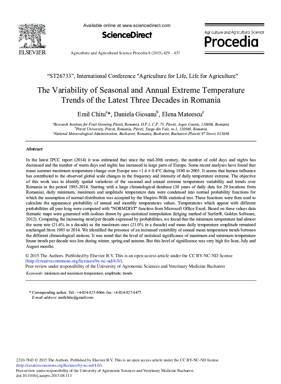 The Variability of Seasonal and Annual Extreme Temperature Trends of the Latest Three Decades in Romania 