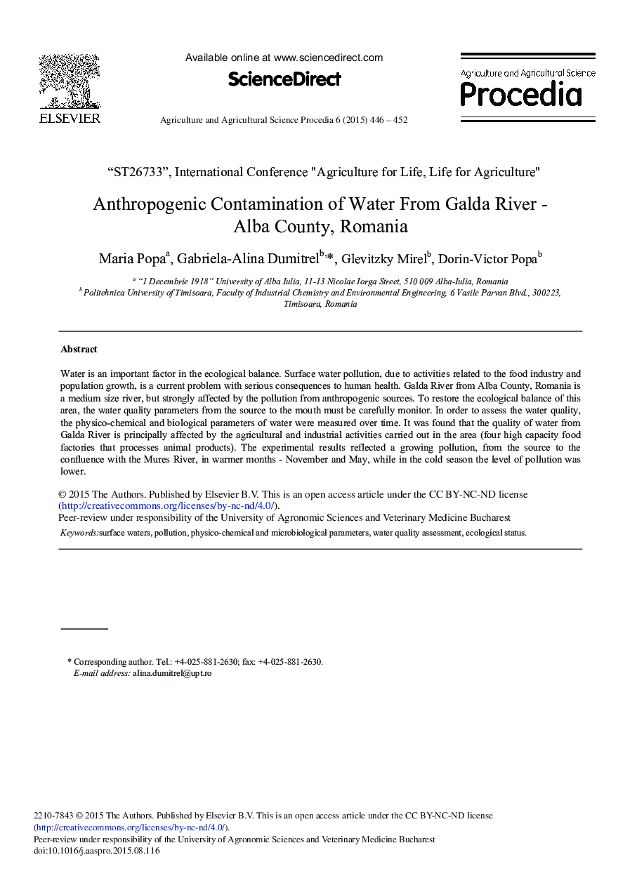 Anthropogenic Contamination of Water From Galda River - Alba County, Romania 