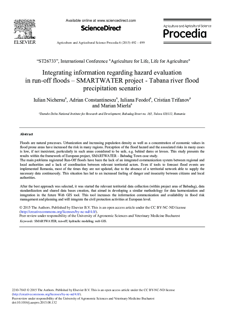 Integrating Information Regarding Hazard Evaluation in Run-off Floods – SMARTWATER Project - Tabana River Flood Precipitation Scenario 
