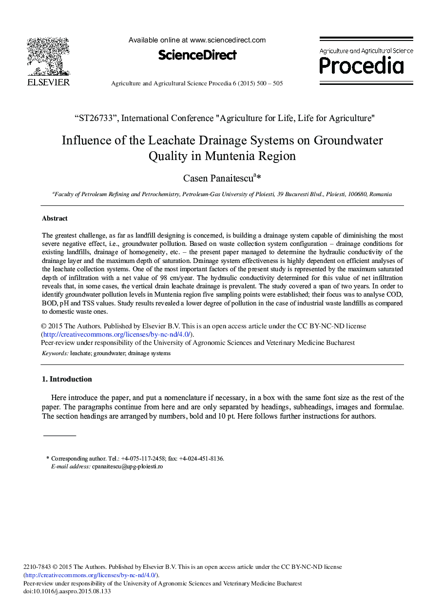 Influence of the Leachate Drainage Systems on Groundwater Quality in Muntenia Region 