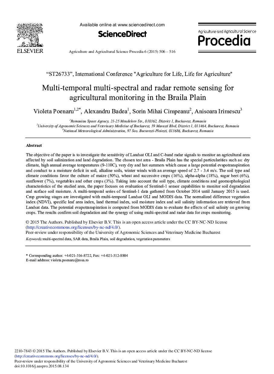 Multi-temporal Multi-spectral and Radar Remote Sensing for Agricultural Monitoring in the Braila Plain 