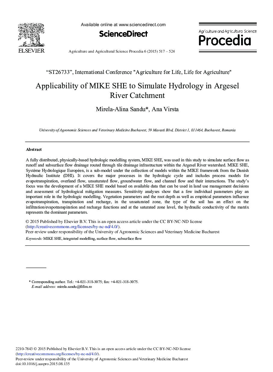 Applicability of MIKE SHE to Simulate Hydrology in Argesel River Catchment 