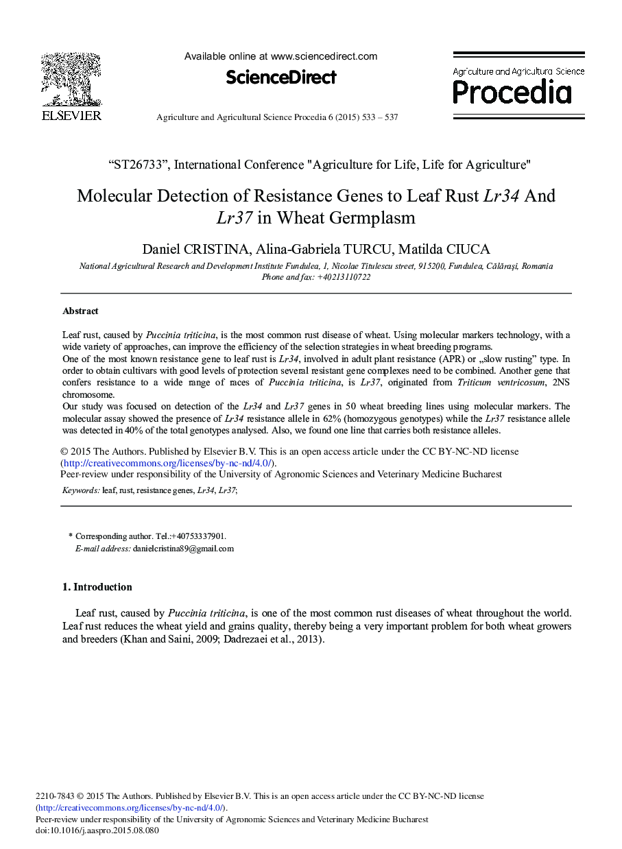 Molecular Detection of Resistance Genes to Leaf Rust Lr34 And Lr37 in Wheat Germplasm 