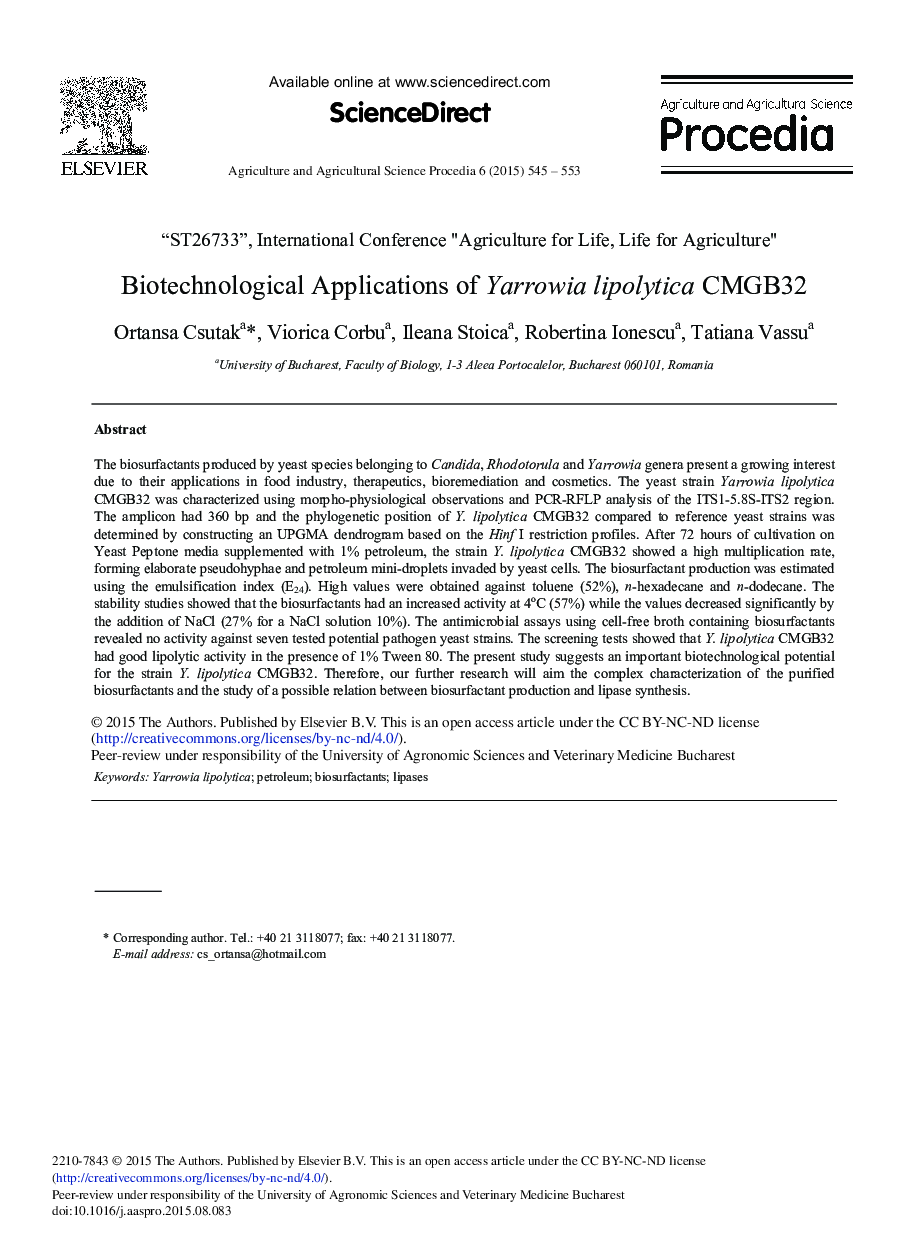 Biotechnological Applications of Yarrowia lipolytica CMGB32 