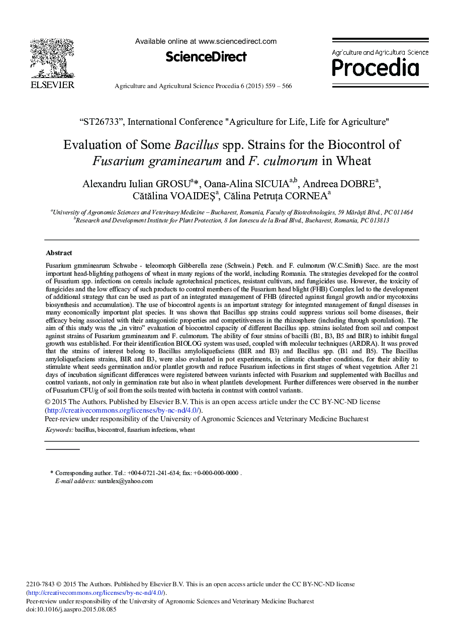 Evaluation of Some Bacillus spp. Strains for the Biocontrol of Fusarium graminearum and F. culmorum in Wheat 