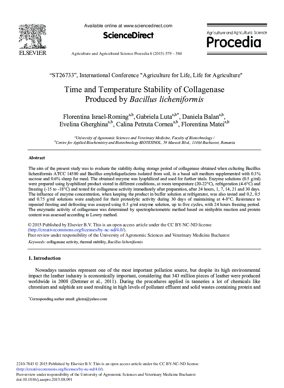 Time and Temperature Stability of Collagenase Produced by Bacillus licheniformis 