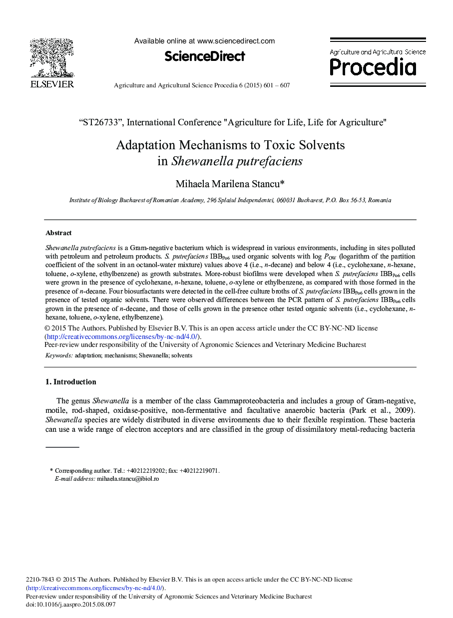 Adaptation Mechanisms to Toxic Solvents in Shewanella Putrefaciens 