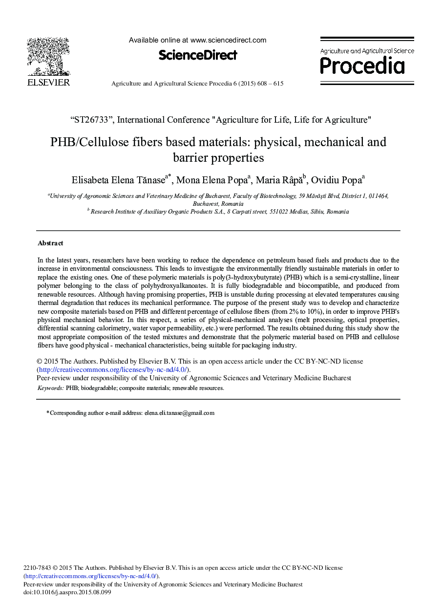 PHB/Cellulose Fibers Based Materials: Physical, Mechanical and Barrier Properties 