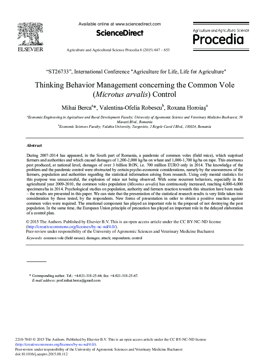 Thinking Behavior Management Concerning the Common Vole (Microtus arvalis) Control 