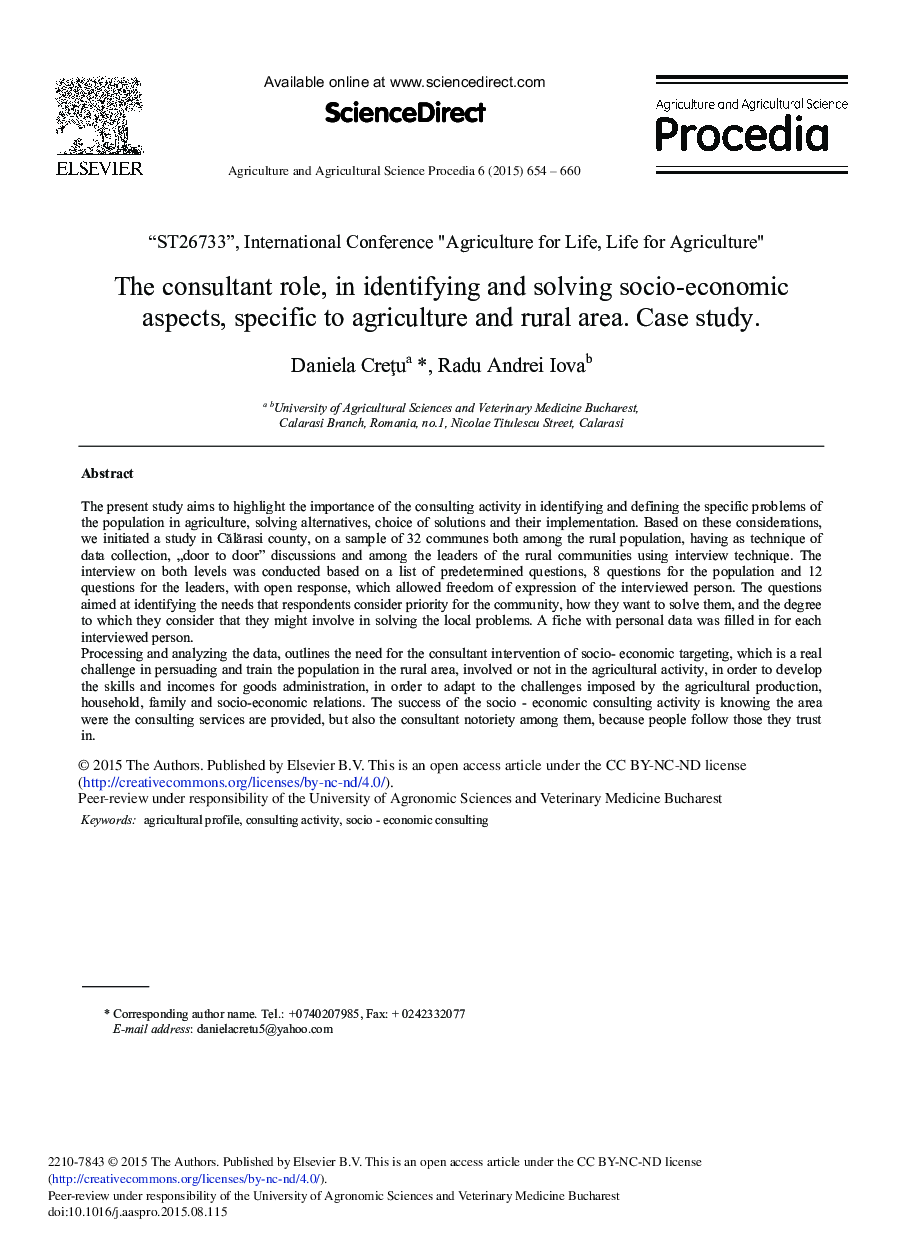 The Consultant Role, in Identifying and Solving Socio-economic Aspects, Specific to Agriculture and Rural Area. Case Study 