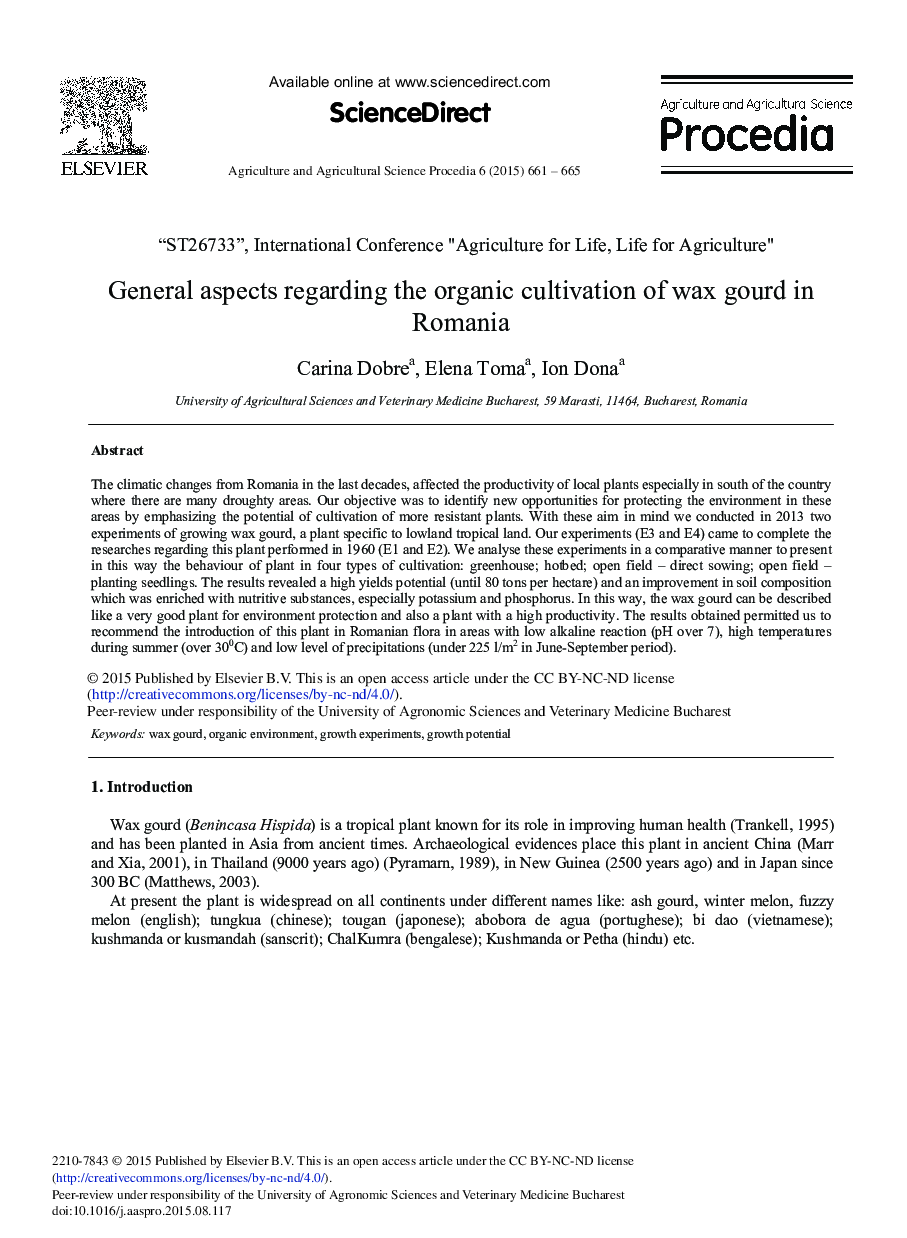 General Aspects Regarding the Organic Cultivation of Wax Gourd in Romania 