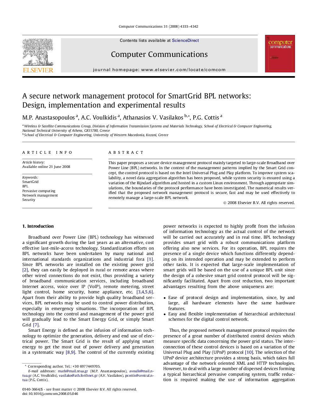 A secure network management protocol for SmartGrid BPL networks: Design, implementation and experimental results