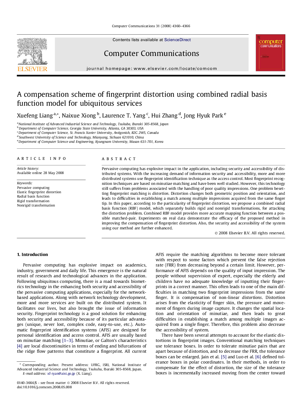 A compensation scheme of fingerprint distortion using combined radial basis function model for ubiquitous services