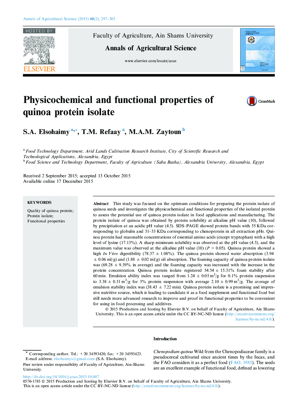 Physicochemical and functional properties of quinoa protein isolate 