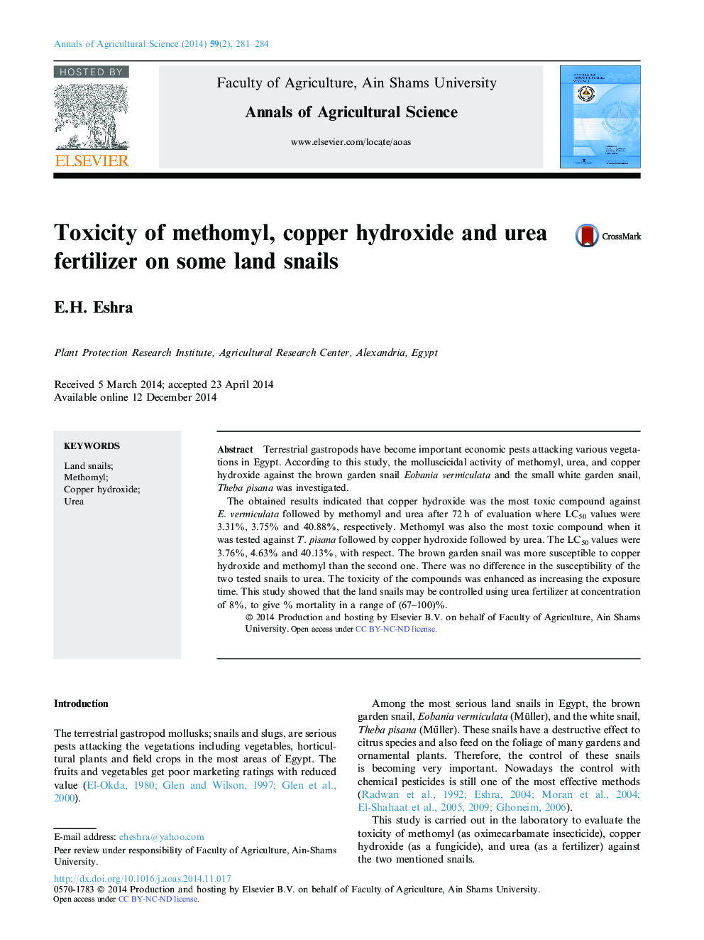 Toxicity of methomyl, copper hydroxide and urea fertilizer on some land snails 