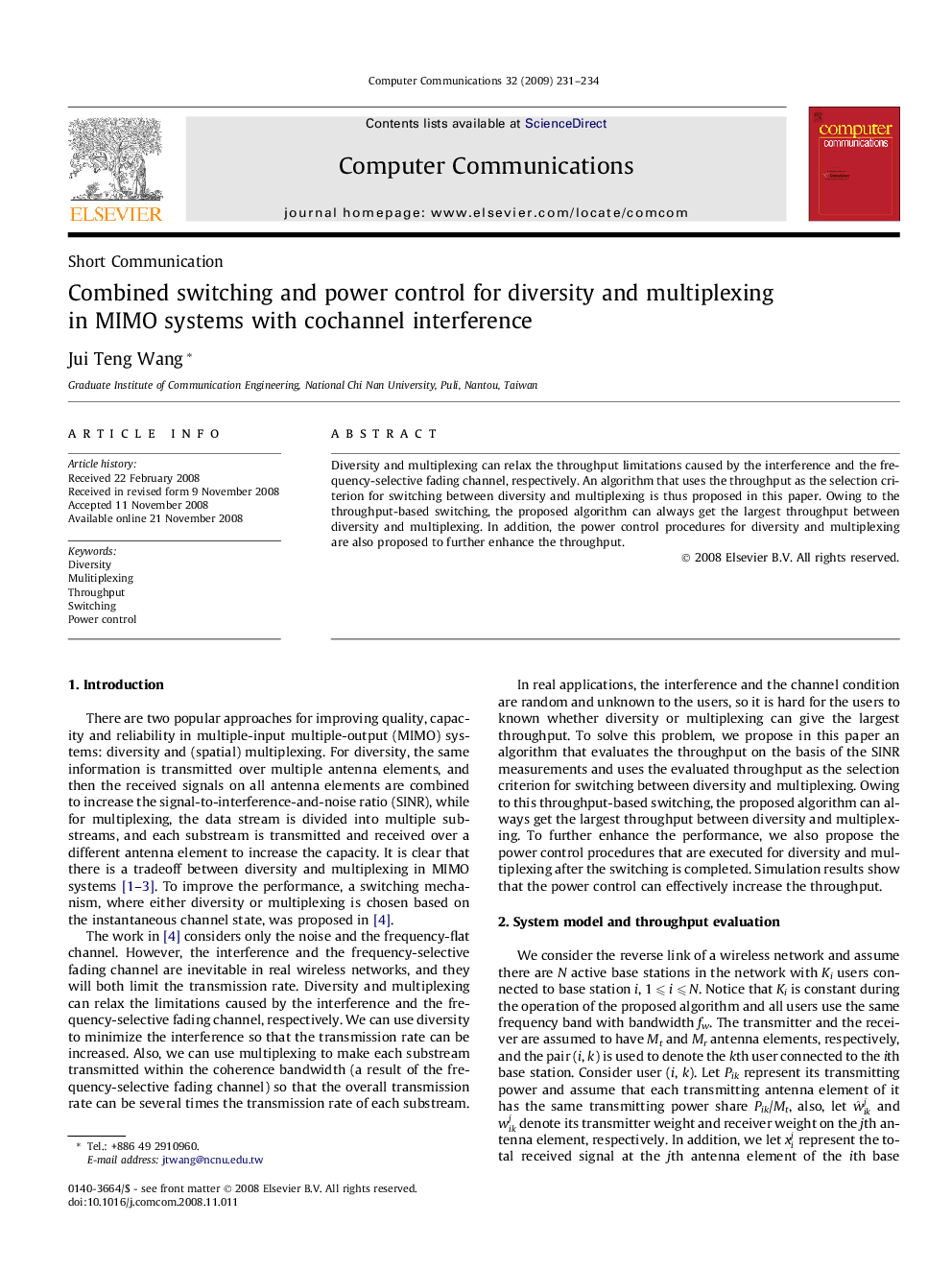 Combined switching and power control for diversity and multiplexing in MIMO systems with cochannel interference