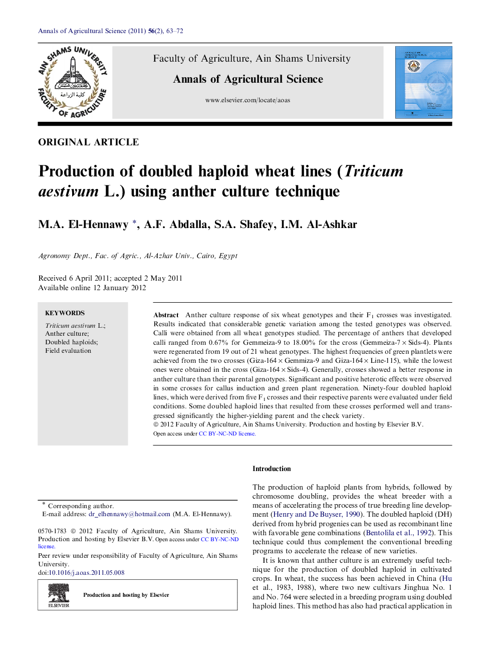 Production of doubled haploid wheat lines (Triticum aestivum L.) using anther culture technique