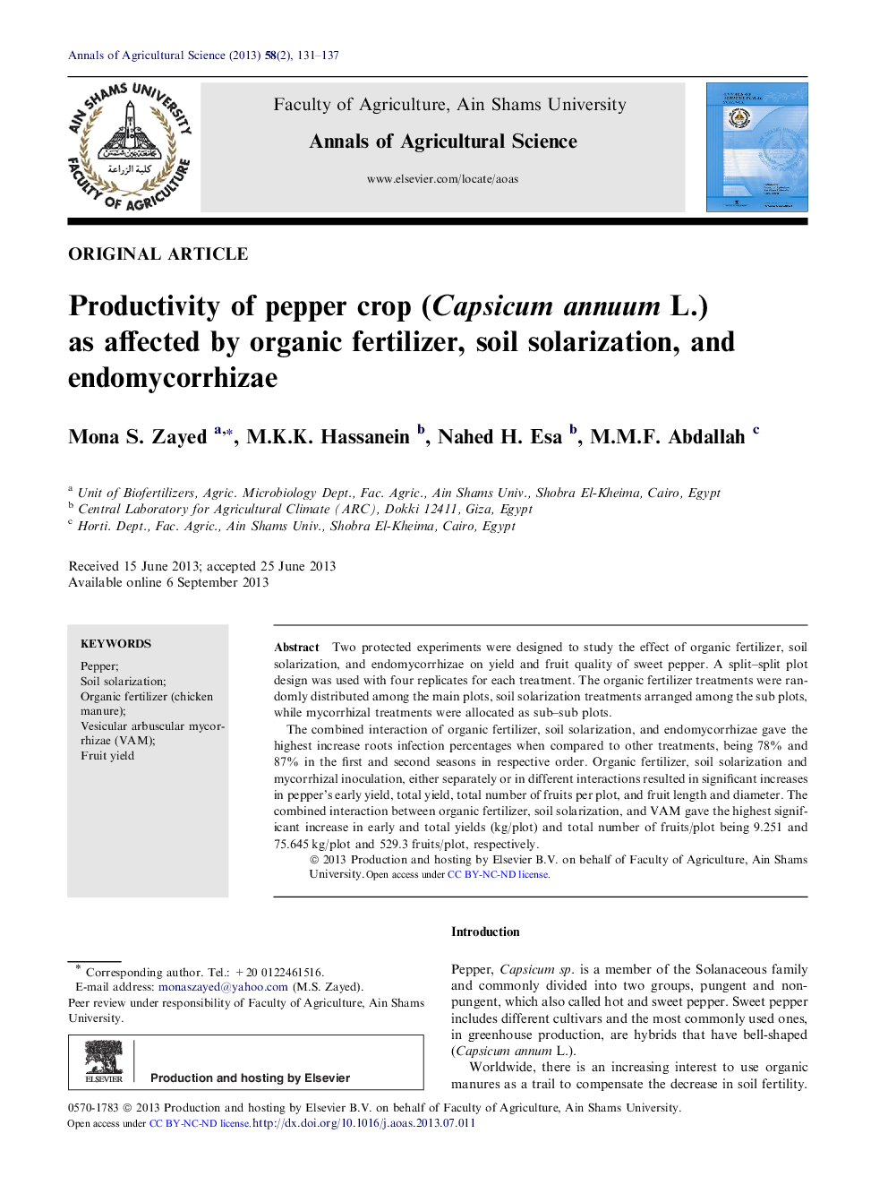 Productivity of pepper crop (Capsicum annuum L.) as affected by organic fertilizer, soil solarization, and endomycorrhizae 