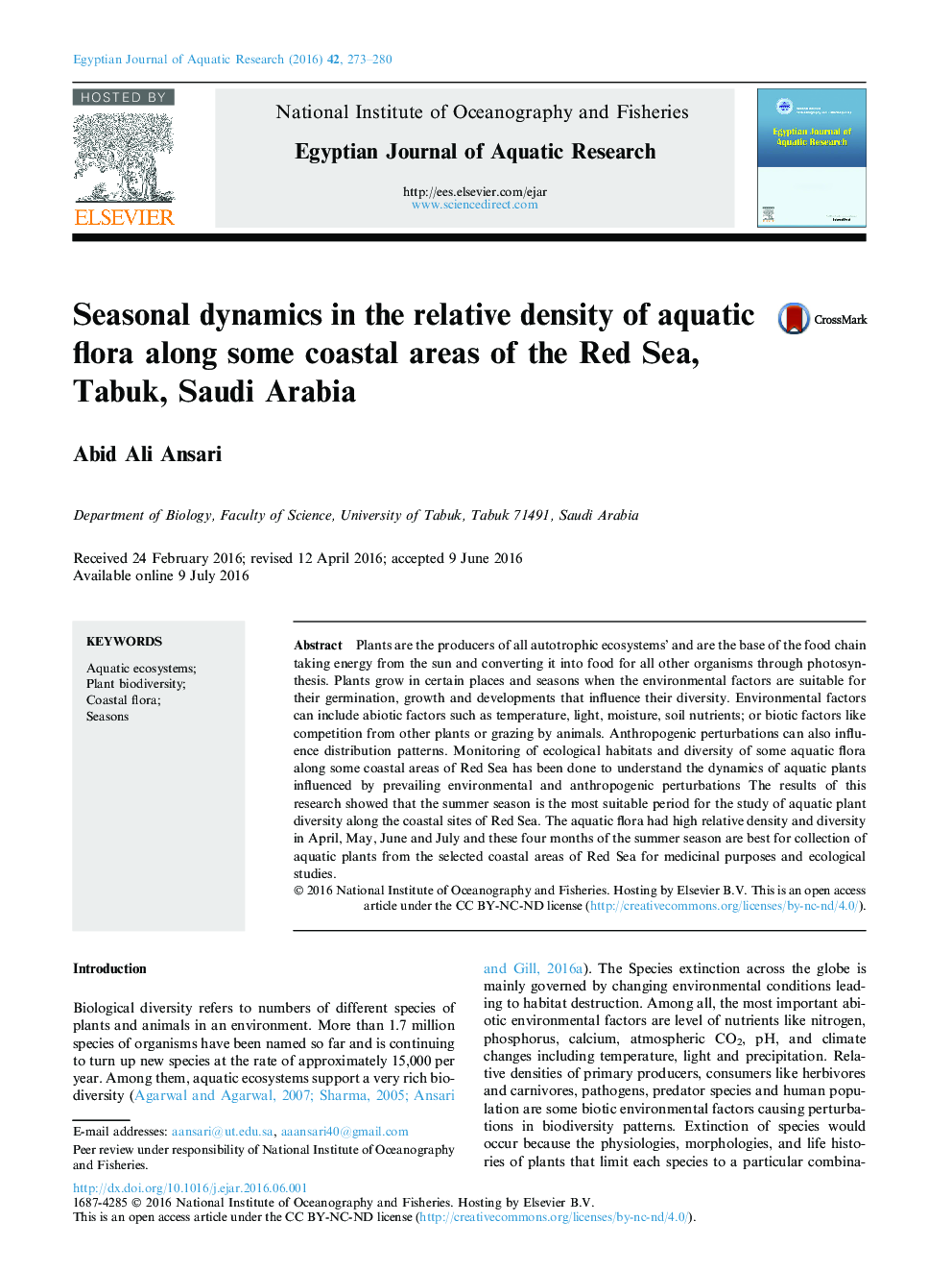 Seasonal dynamics in the relative density of aquatic flora along some coastal areas of the Red Sea, Tabuk, Saudi Arabia 