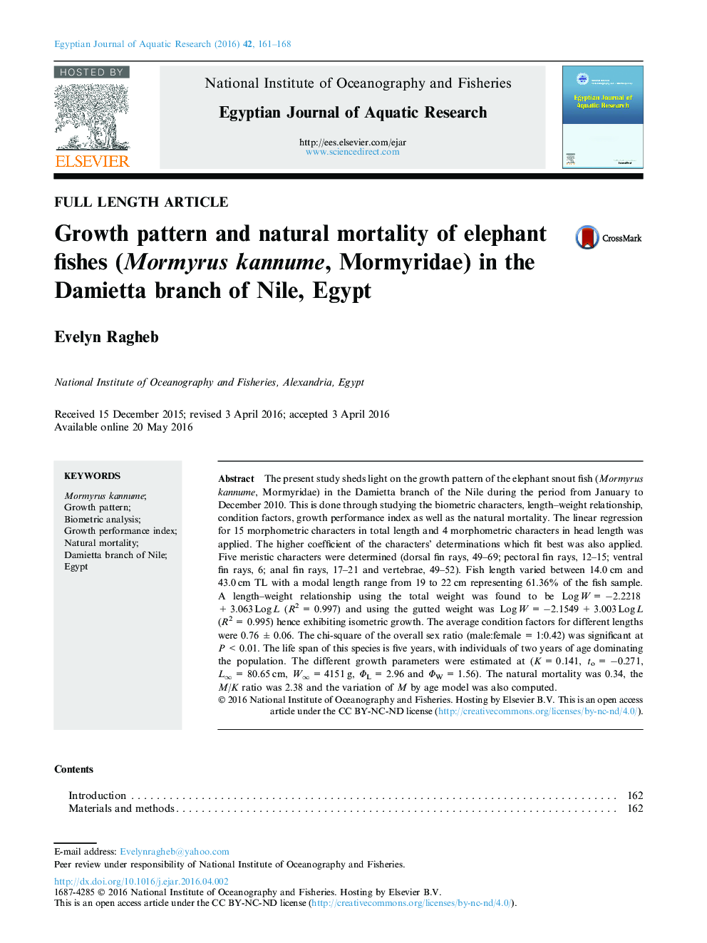 Growth pattern and natural mortality of elephant fishes (Mormyrus kannume, Mormyridae) in the Damietta branch of Nile, Egypt 