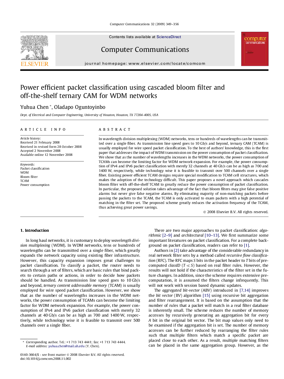 Power efficient packet classification using cascaded bloom filter and off-the-shelf ternary CAM for WDM networks