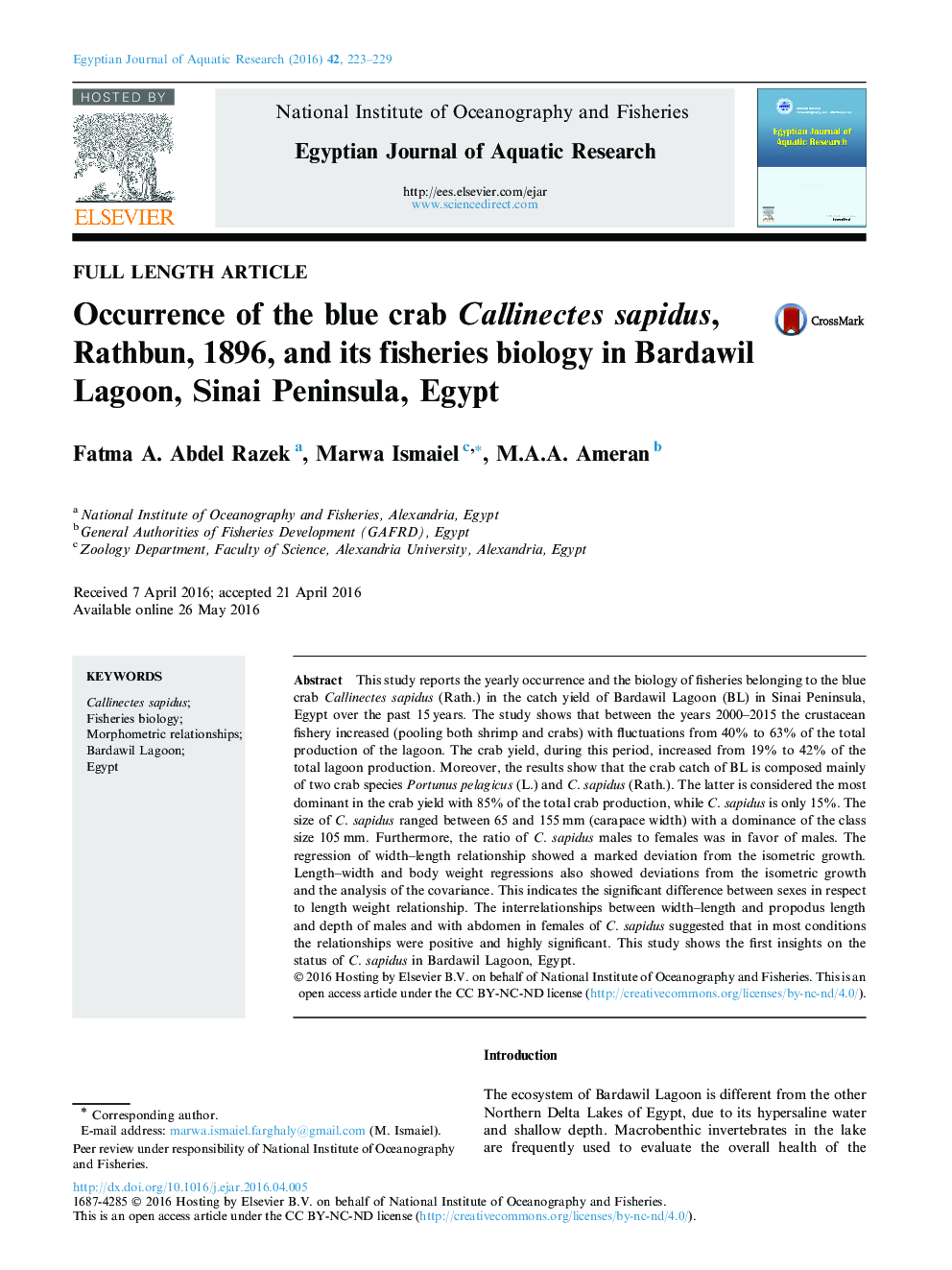 Occurrence of the blue crab Callinectes sapidus, Rathbun, 1896, and its fisheries biology in Bardawil Lagoon, Sinai Peninsula, Egypt 