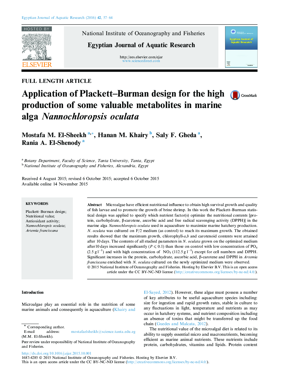 Application of Plackett–Burman design for the high production of some valuable metabolites in marine alga Nannochloropsis oculata 