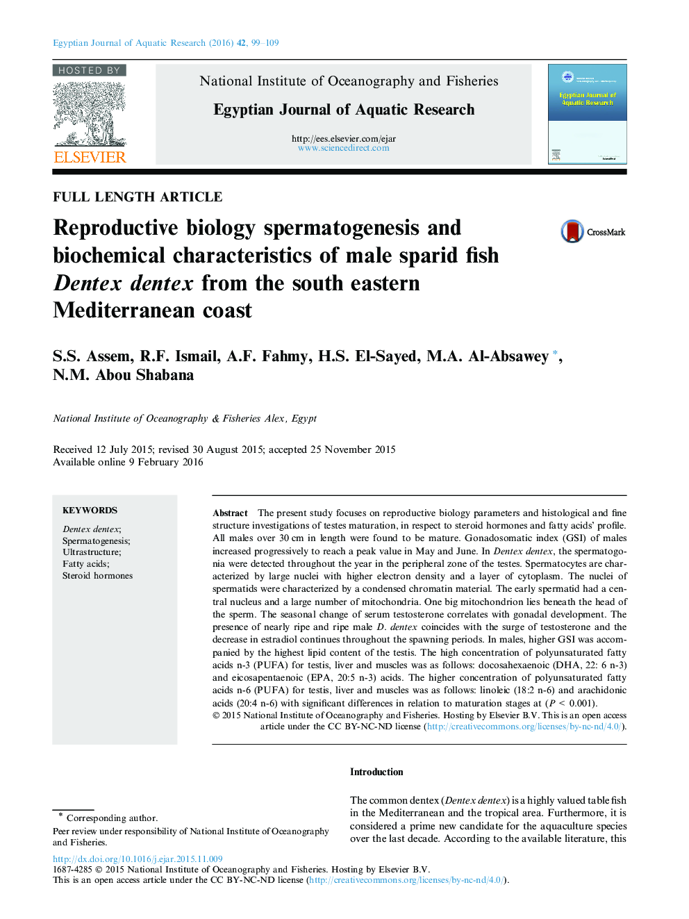 Reproductive biology spermatogenesis and biochemical characteristics of male sparid fish Dentex dentex from the south eastern Mediterranean coast 