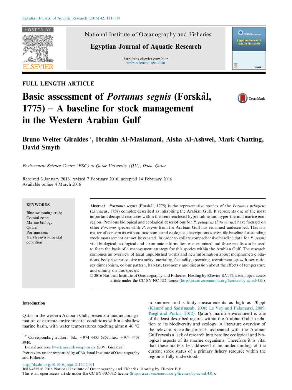 Basic assessment of Portunus segnis (Forskål, 1775) – A baseline for stock management in the Western Arabian Gulf 