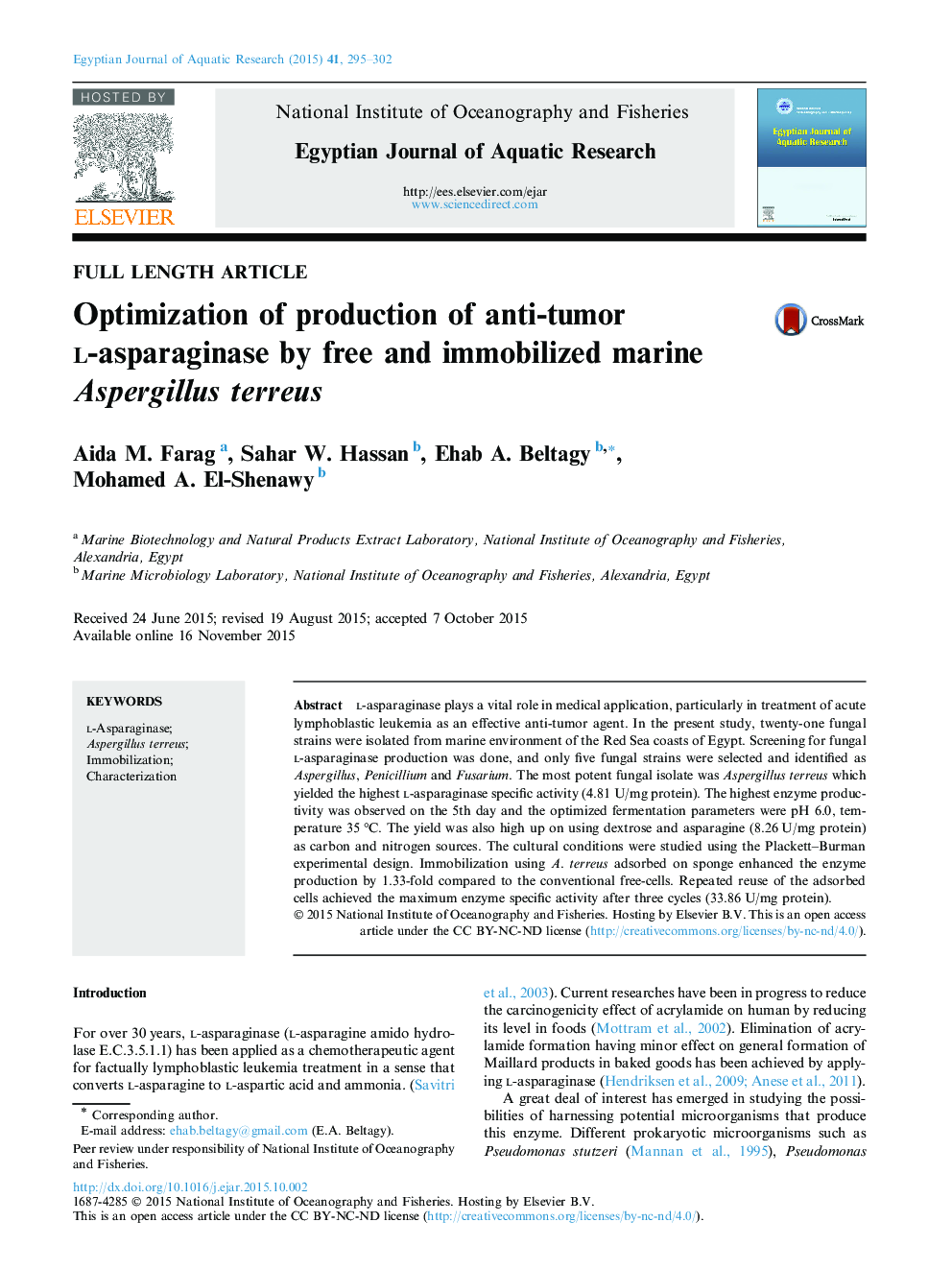 Optimization of production of anti-tumor l-asparaginase by free and immobilized marine Aspergillus terreus 